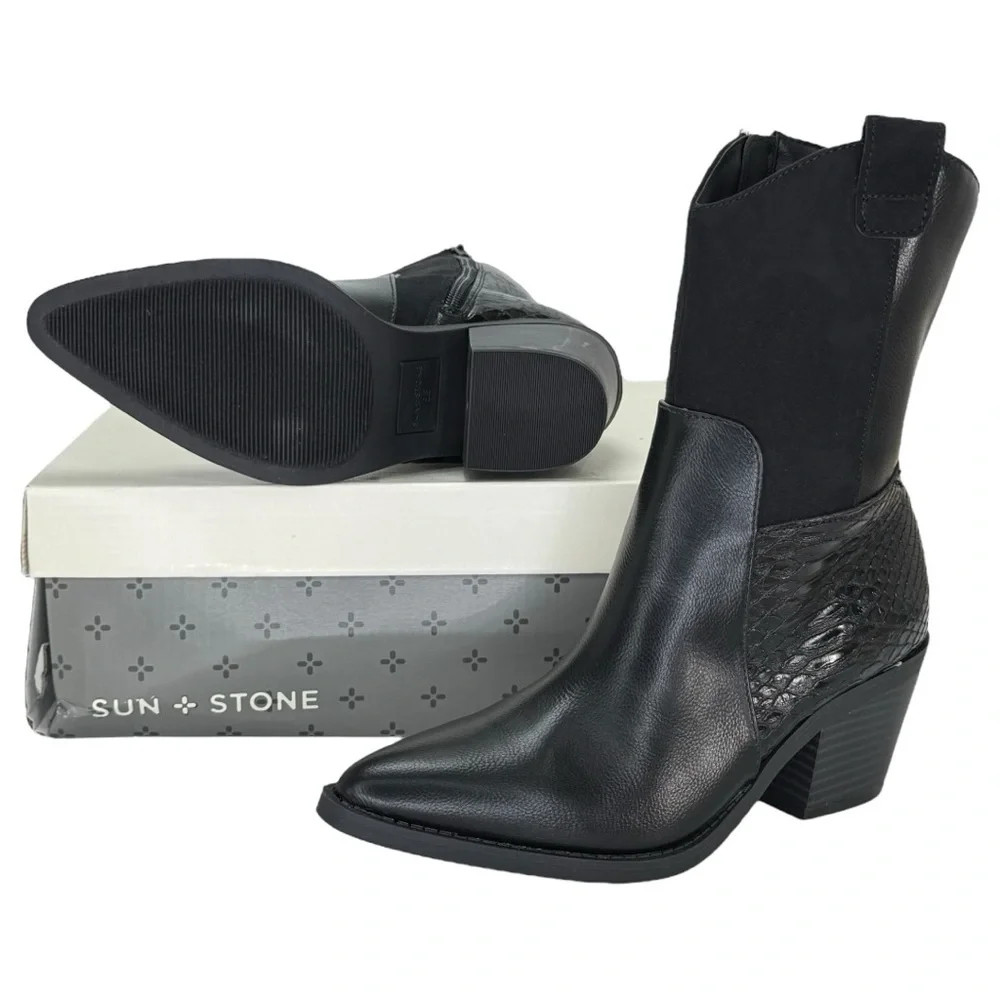 Sun + Stone Biancaa Black Faux Leather Western Womens Ankle Boots Size 6M - Picture 12 of 13